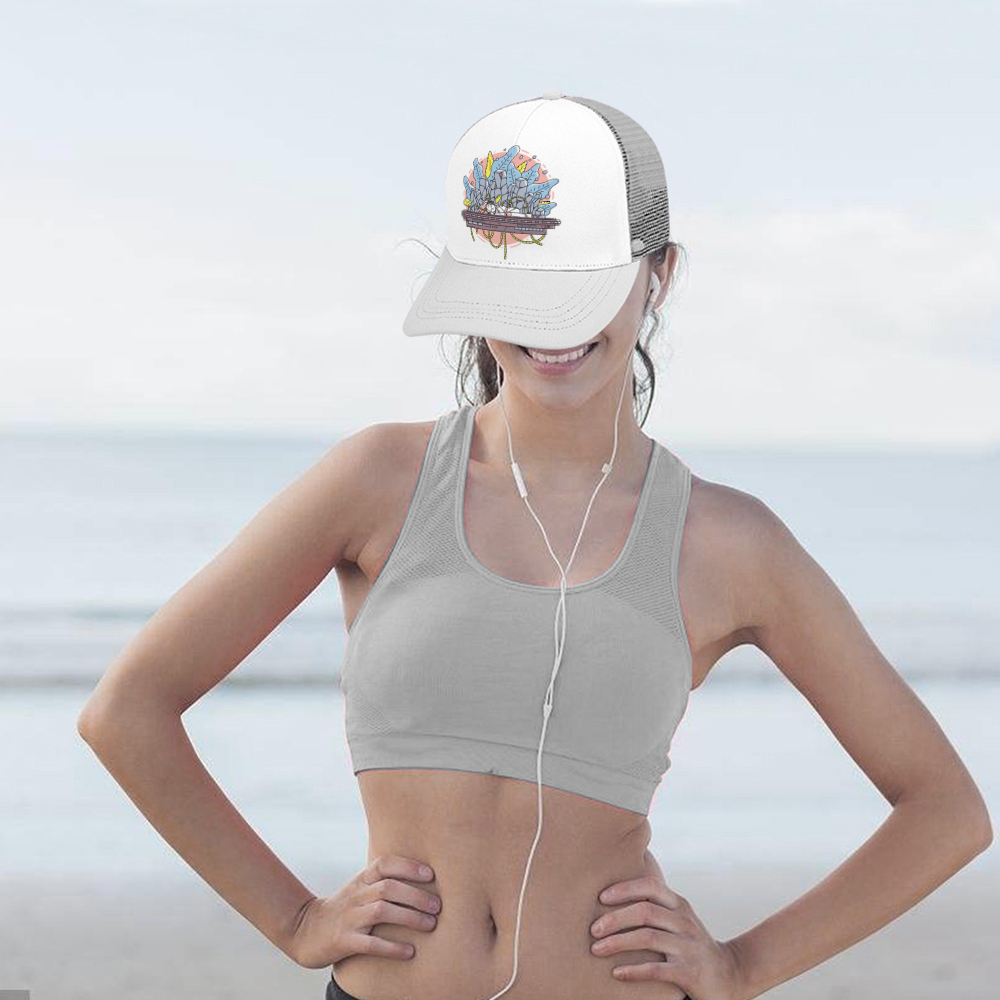 Woman wearing a white and gray baseball cap with a graphic design, mesh back, perfect for outdoor activities, Inkedjoy