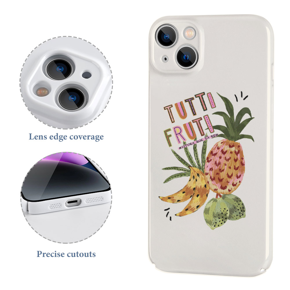 iPhone 14 case with 'TUTTI FRUTTI' pineapple design, precise cutouts, PC plastic.