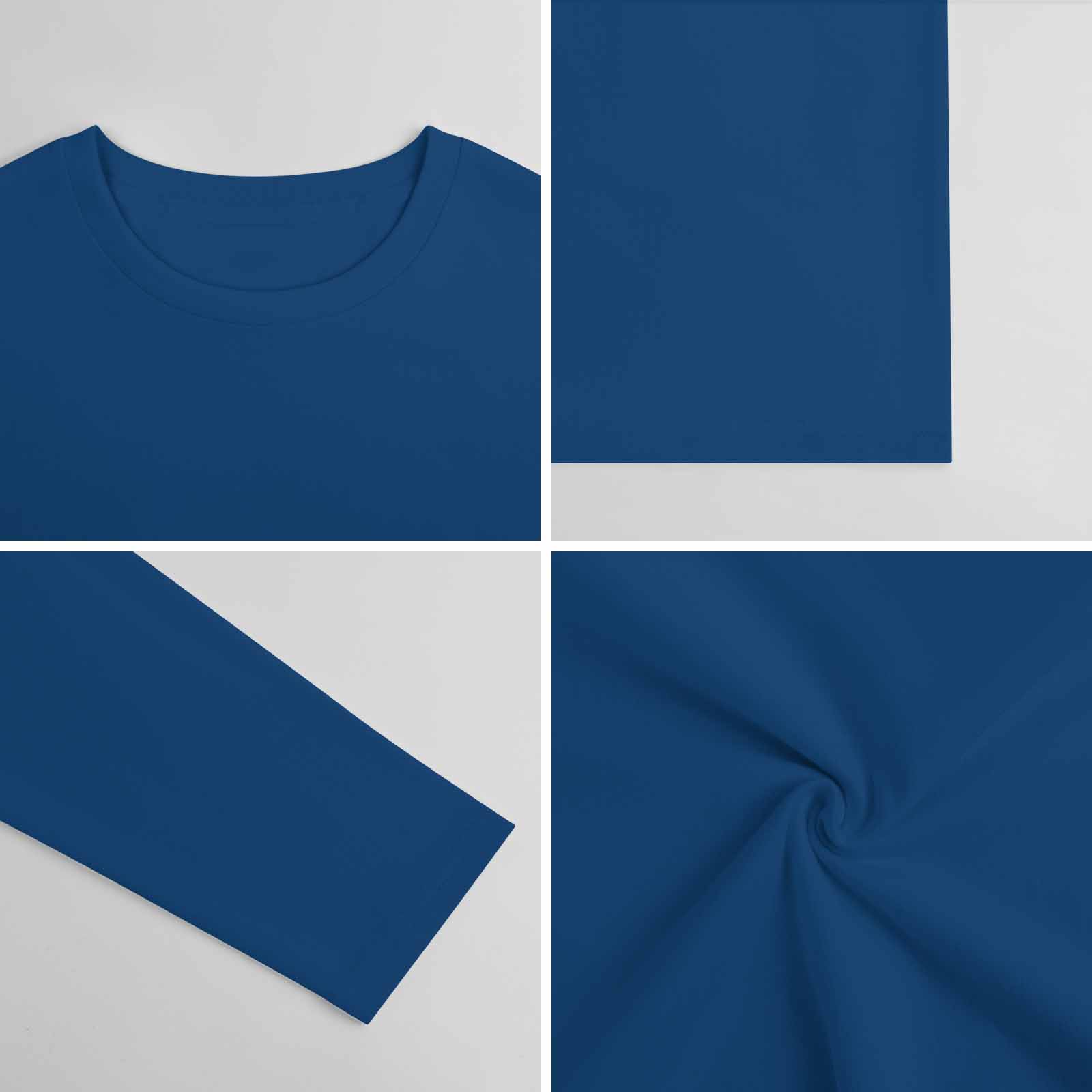 Blue pure cotton long sleeve T-shirt, showcasing fabric detail, collar, and sleeve for casual wear