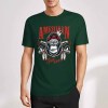 Green cotton men's T-shirt with "AMERICAN LEGEND" gorilla print, summer fashion.
