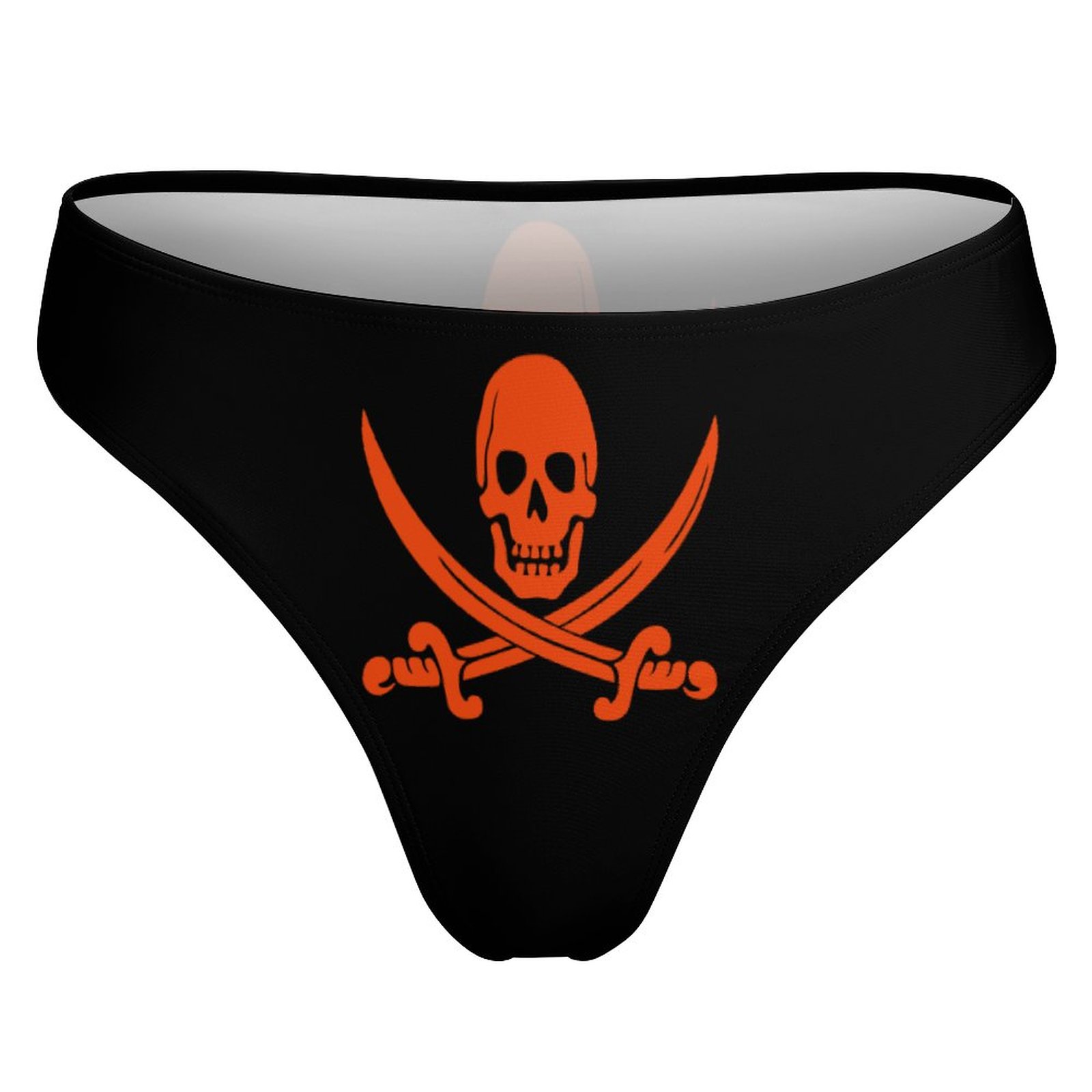 Black women's thong swimwear with orange skull and crossbones design, perfect for swimming or daily wear.
