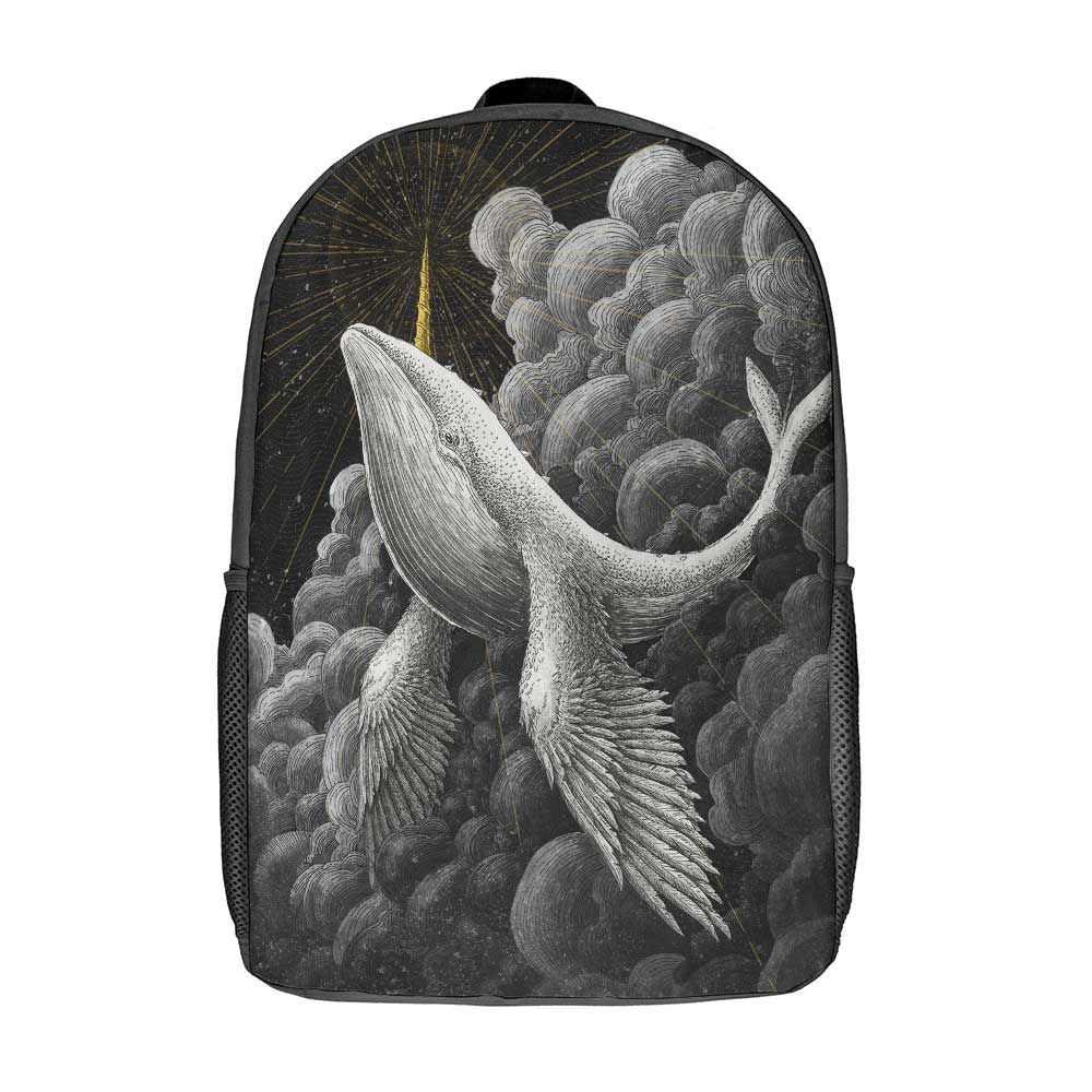 17-inch backpack with whale design, 600D polyester, suitable for campus and travel, black color.
