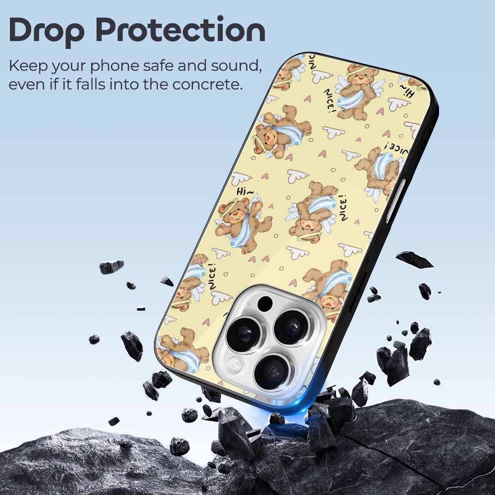iPhone 16 Series case with bear pattern, drop protection. Yellow glass + TPU, scratch-resistant.