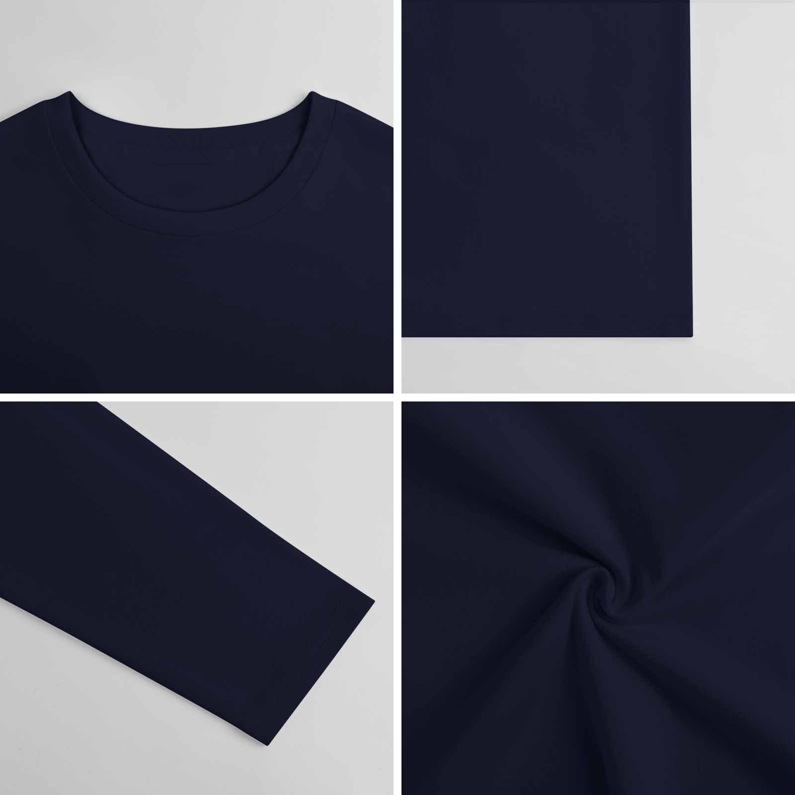 Dark blue pure cotton long-sleeved T-shirt, showcasing fabric detail and casual wear style.