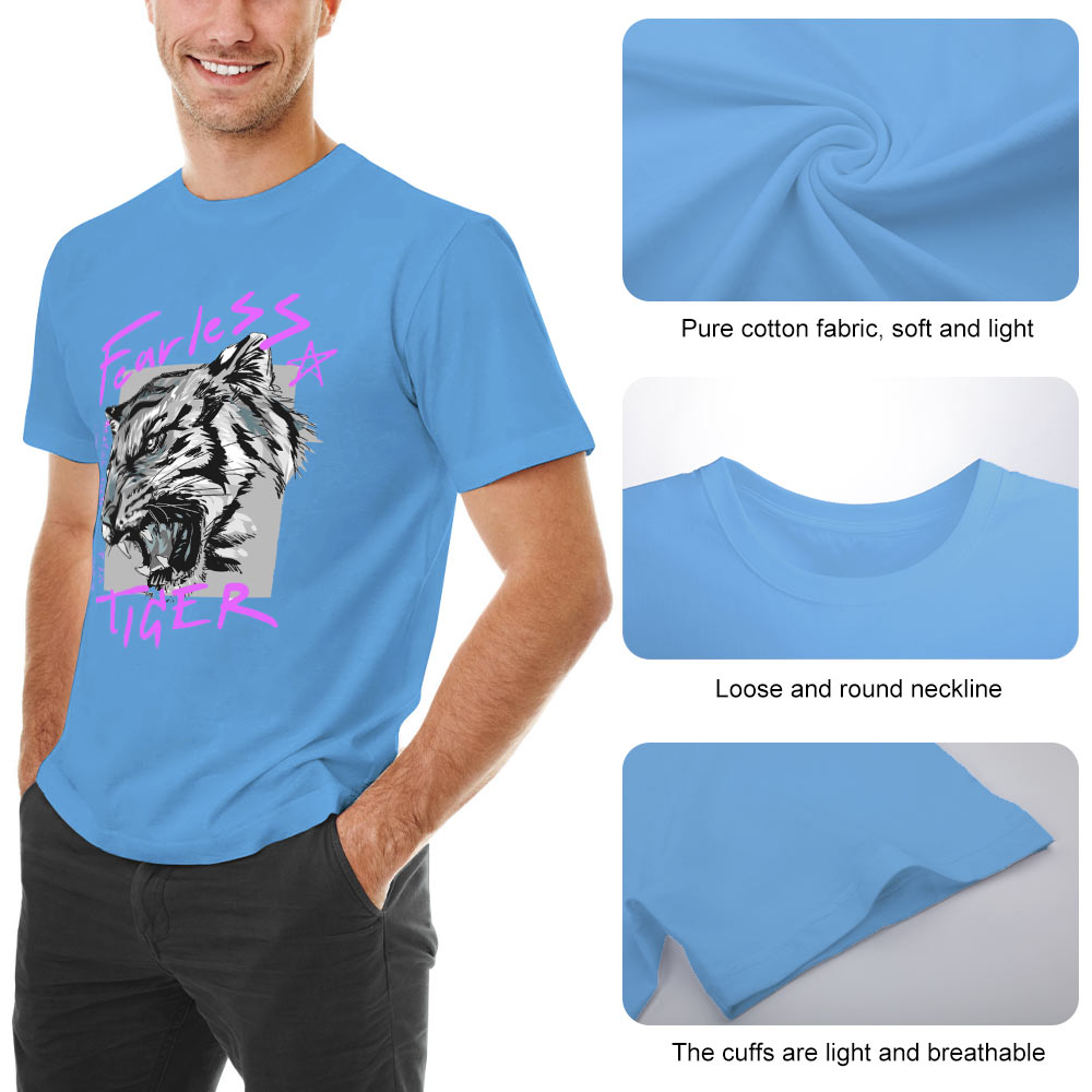 Men's light blue cotton 'Fearless Tiger' graphic tee, collection, features comfort, round collar, and soft touch fabric.