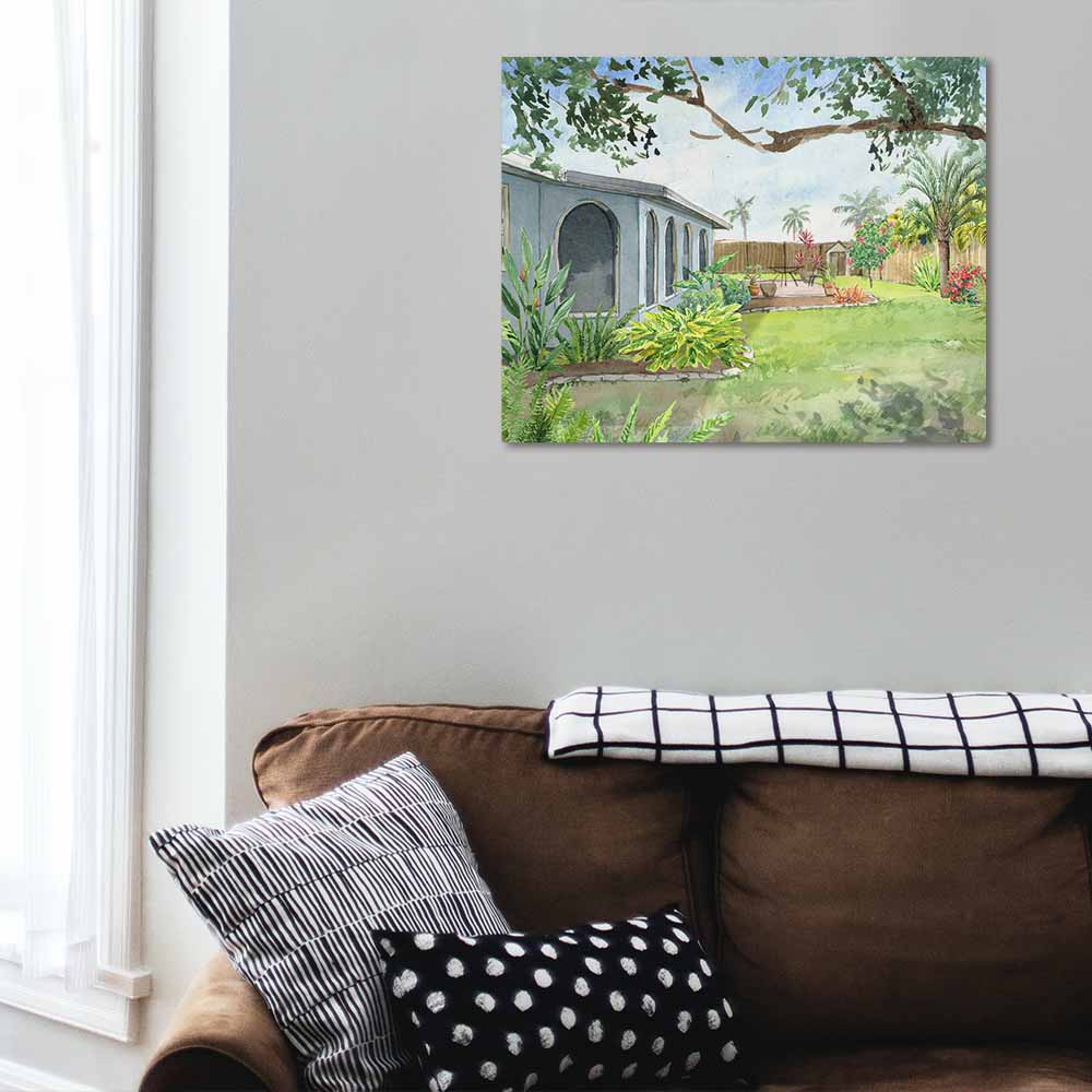 Canvas print: serene garden scene featuring a house and lush greenery, perfect for living room or office decor.