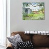 Canvas print: serene garden scene featuring a house and lush greenery, perfect for living room or office decor.