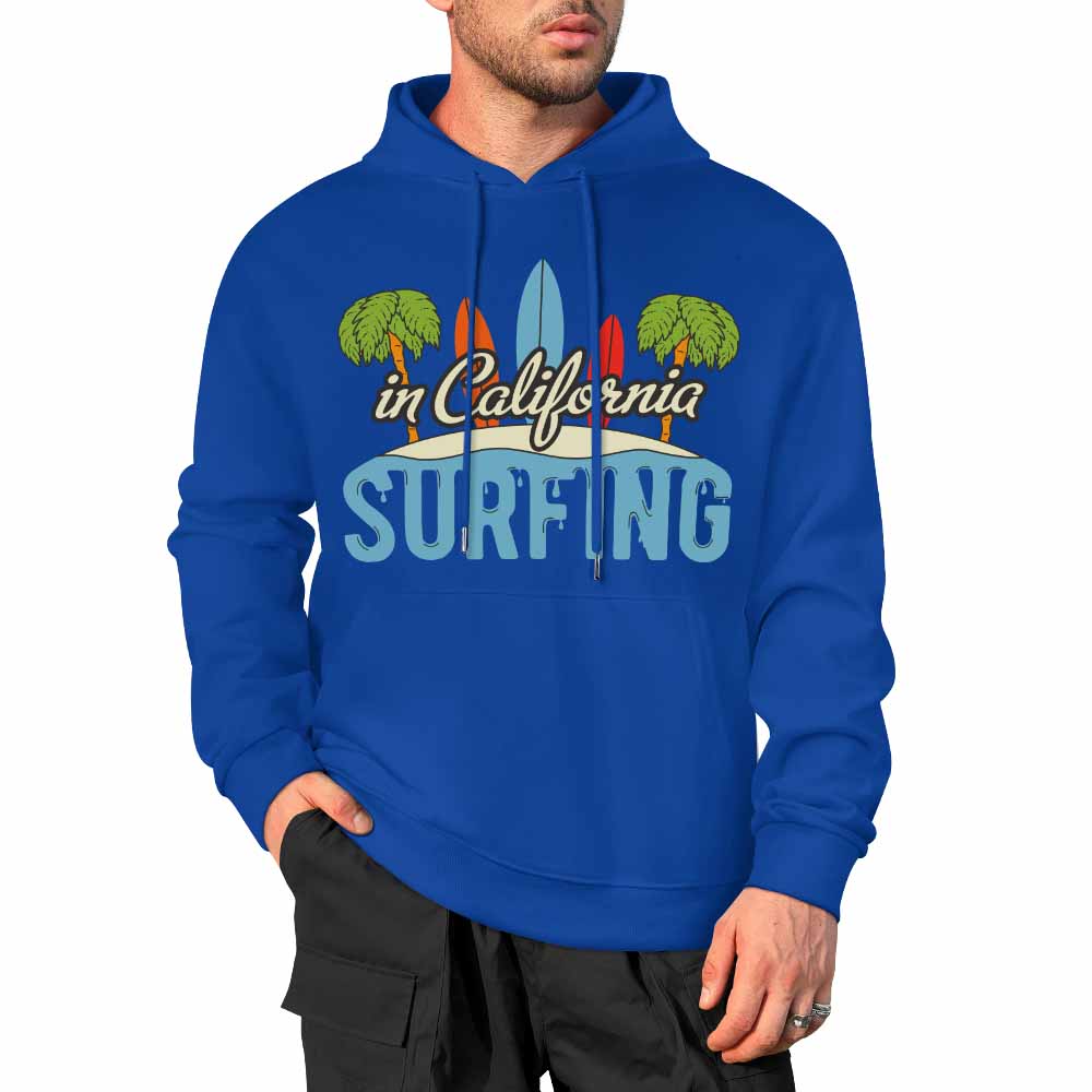 Royal blue cotton California Surfing hoodie for men, loose fit, suitable for daily wear.