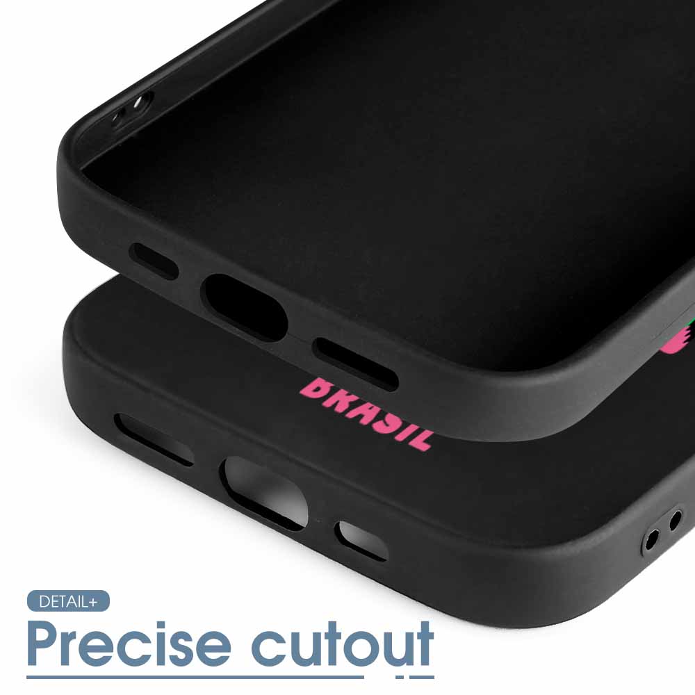 iPhone 15 series black TPU case with precise cutout for ports and speakers, shockproof design, featuring "BRAZIL" text.