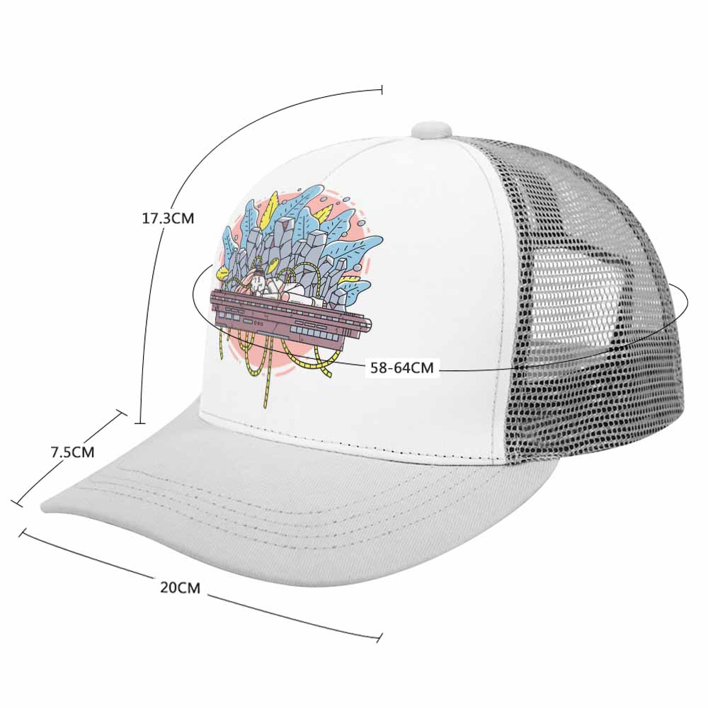 White baseball cap, colorful graphic, mesh back, curved brim, dimensions, Inkedjoy.