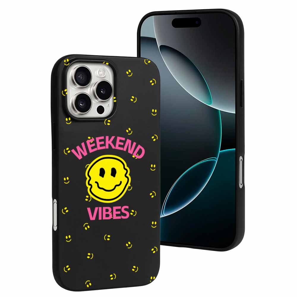 iPhone 16 case with 'Weekend Vibes' design, black TPU, protective phone cover