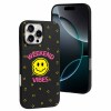 iPhone 16 case with 'Weekend Vibes' design, black TPU, protective phone cover