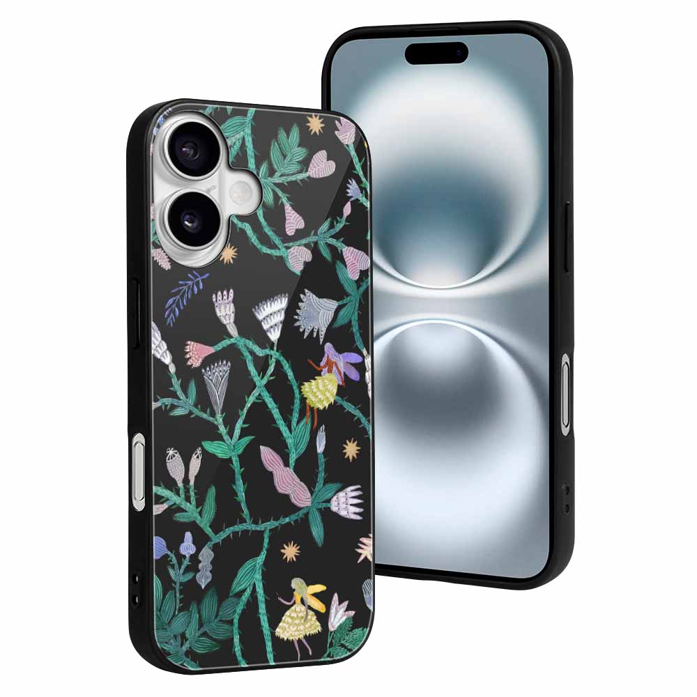 iPhone 16 series floral glass case, anti-scratch protection.