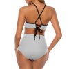 Light grey halter bikini swimsuit with high-waisted bottoms for beach and summer