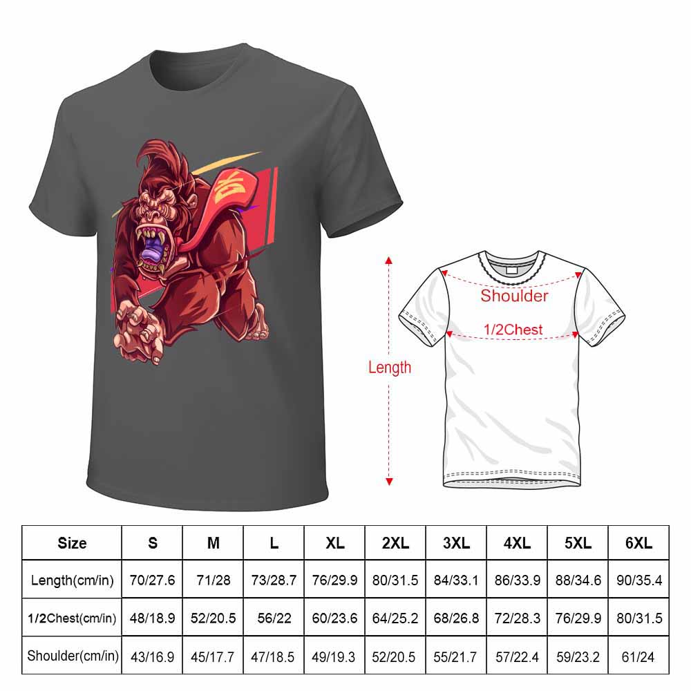 Dark gray cotton t-shirt with red monster graphic print and size chart | Inkedjoy