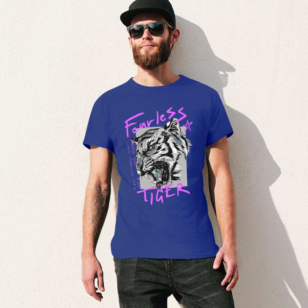 Men's blue cotton Fearless Tiger graphic T-shirt, collection