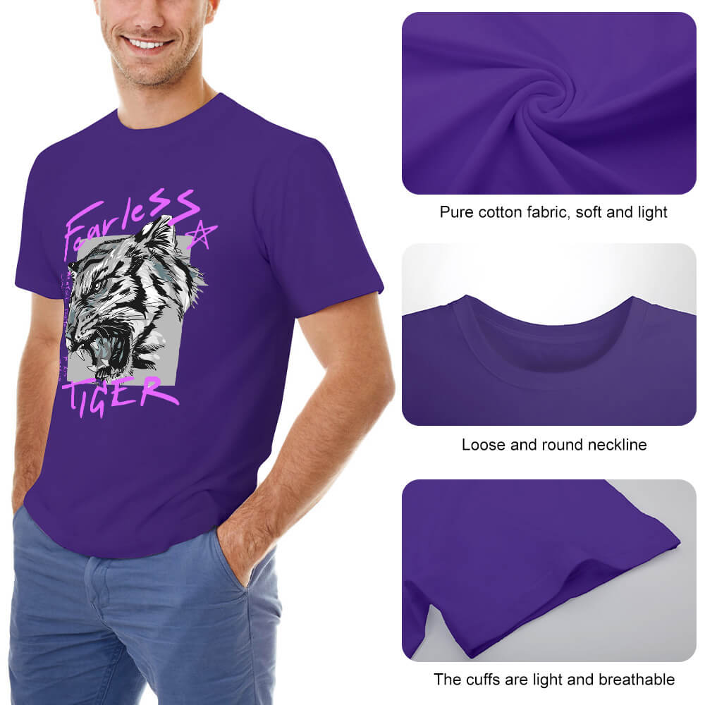 Men's purple cotton Fearless Tiger graphic tee, front and back print, featuring the design and fabric details.
