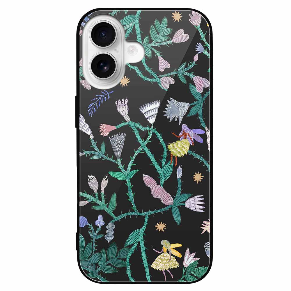 iPhone 16 series glass case with floral design, anti-scratch protection