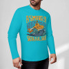 Turquoise long sleeve T-shirt featuring ASMODUS Shark Attack graphic, pure cotton, casual wear.