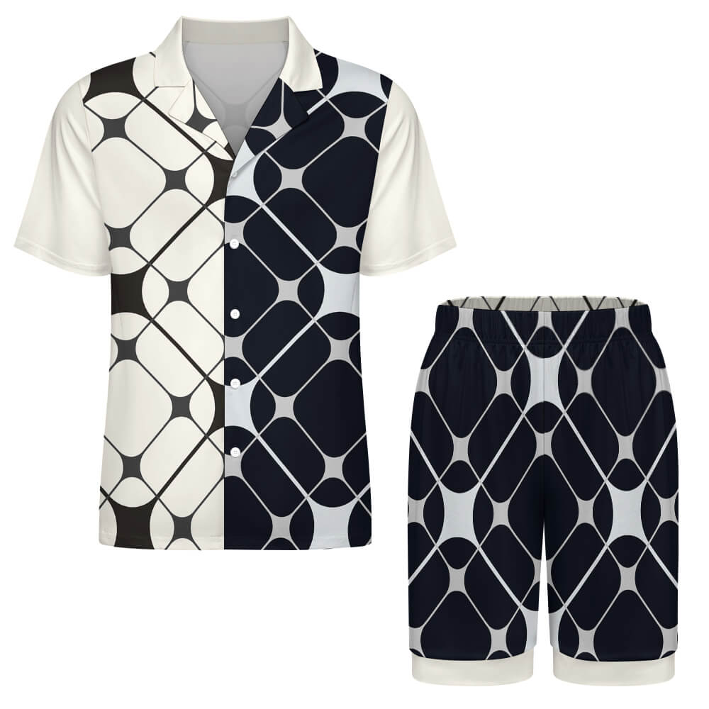 Ice silk pajama set for men, black and white geometric pattern. Comfortable V-neck top and shorts for sleep.