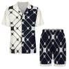Ice silk pajama set for men, black and white geometric pattern. Comfortable V-neck top and shorts for sleep.