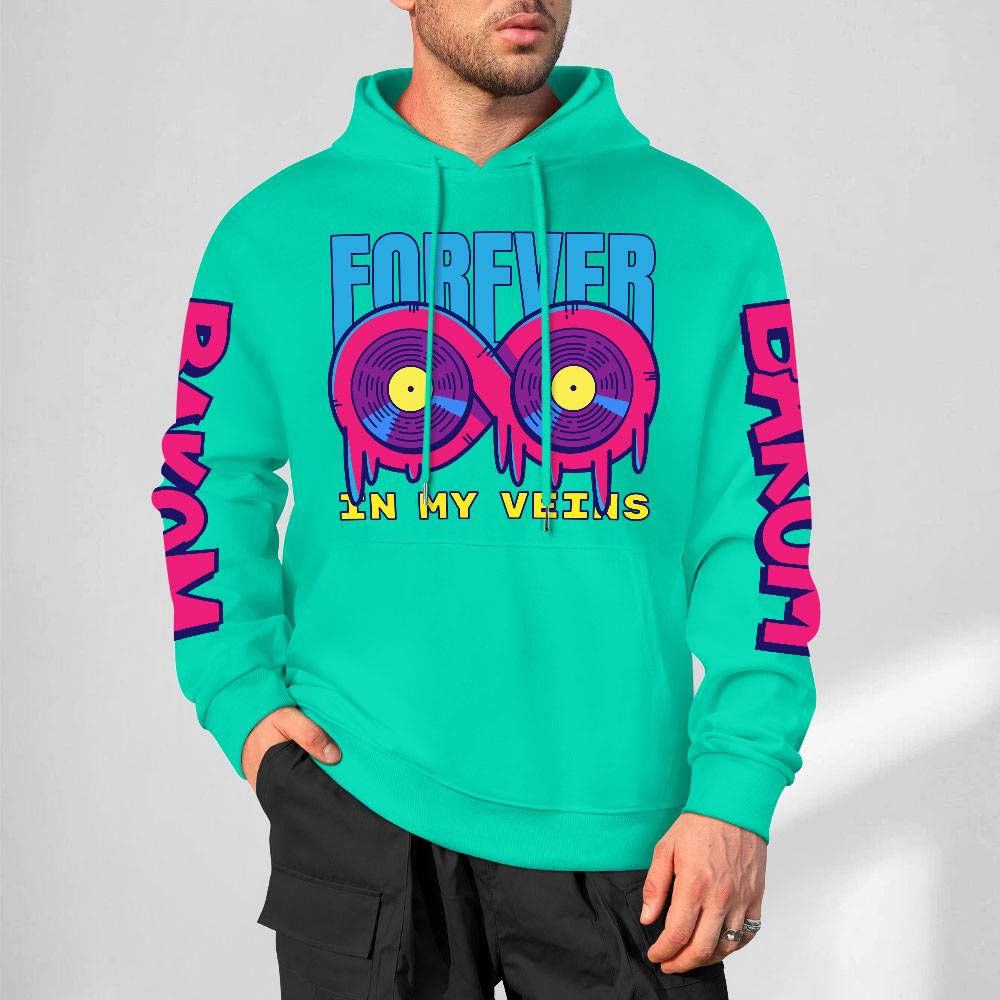 Turquoise cotton FOREVER 99 donut graphic hoodie, sleeve prints, youth fashion style.