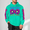 Turquoise cotton FOREVER 99 donut graphic hoodie, sleeve prints, youth fashion style.
