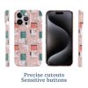 Pink pattern iPhone 15 case with precise cutouts and sensitive buttons, PC plastic.