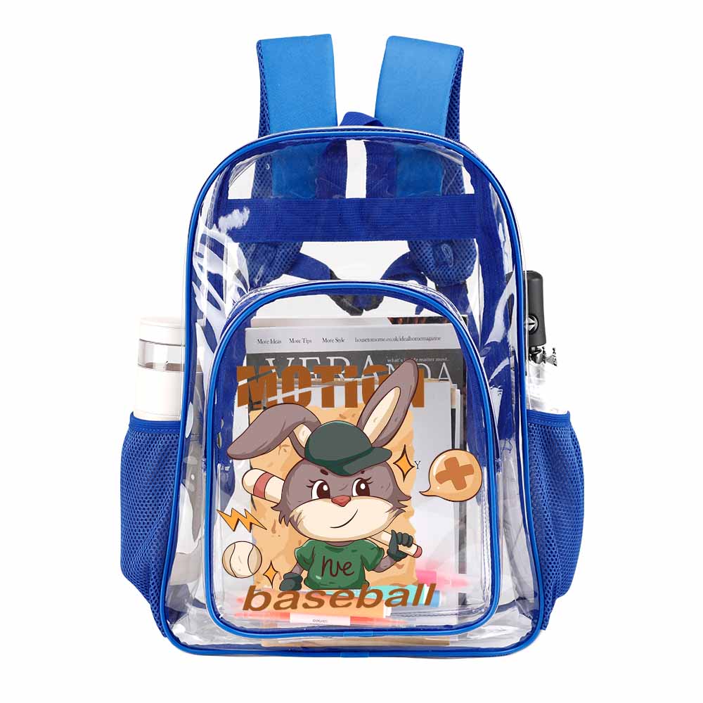 Blue PVC transparent backpack with cartoon rabbit graphic, perfect for work or travel