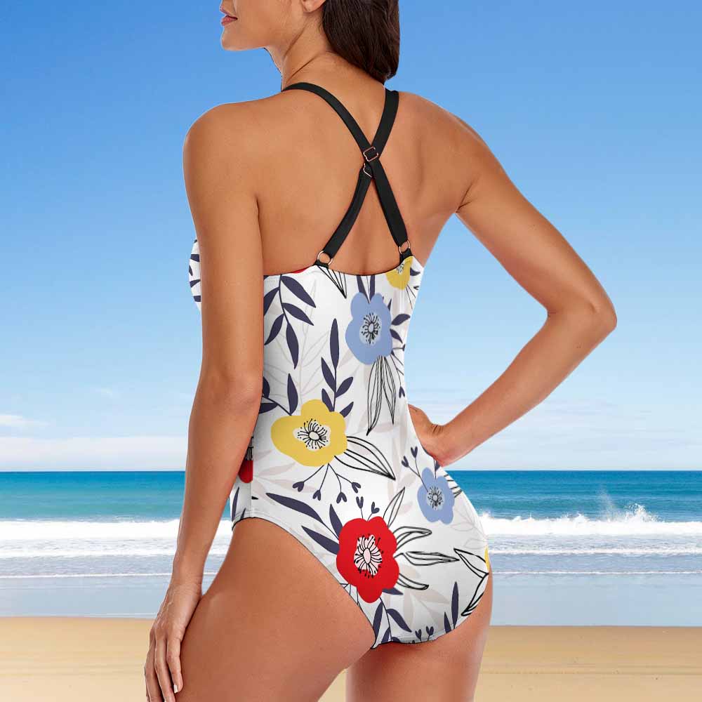 Floral print ladies one-piece swimsuit, adjustable straps, flattering design for beach, from Inkedjoy
