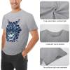 Grey cotton men's T-shirt with blue samurai skull design, featuring detailed fabric, neckline, and sleeve.