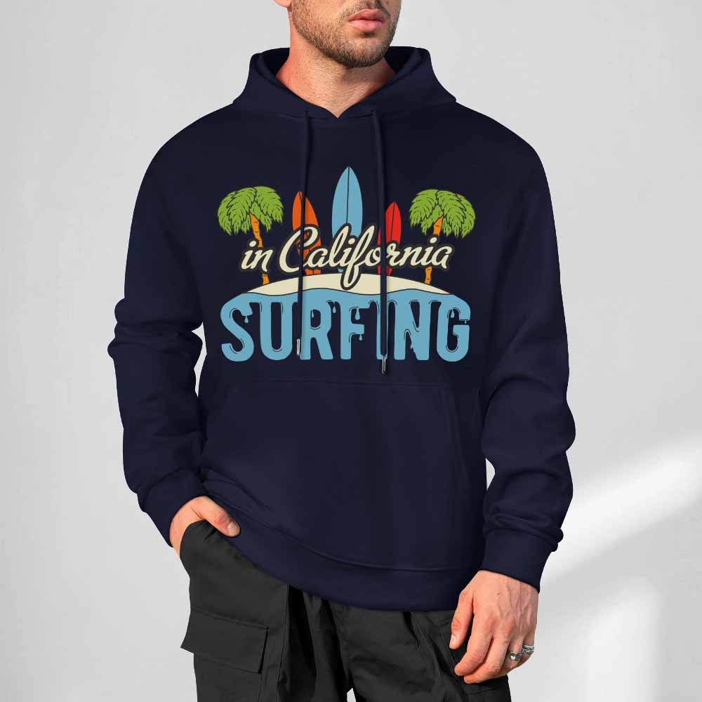 Navy blue cotton California Surfing hoodie, loose fit design, suitable for daily wear.