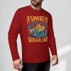 Red pure cotton long sleeve T-shirt featuring 'ASMODUS SOULFUL SHAKER' graphic for casual wear.