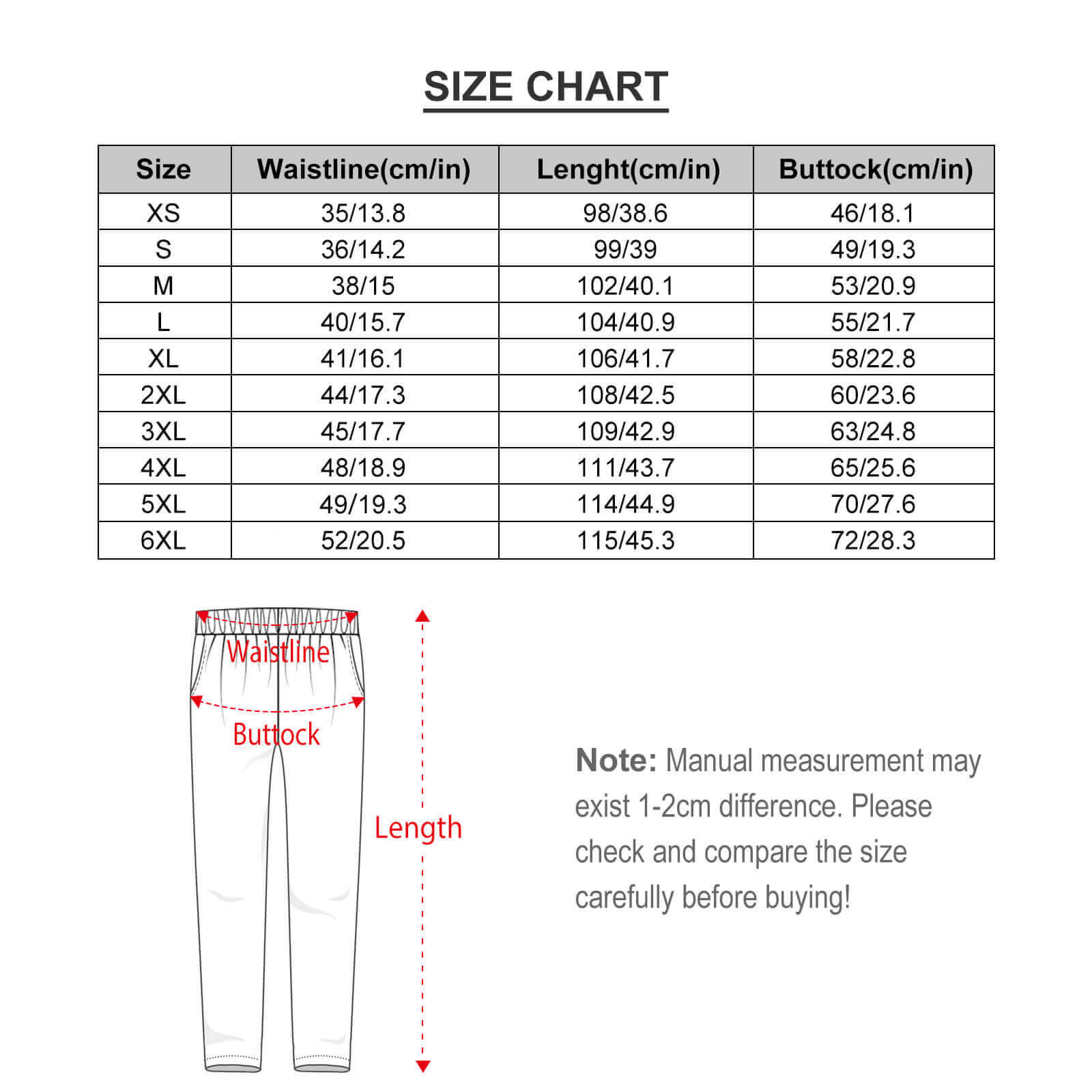 Soft Pajama Set Size Chart - Measurements in cm/inches