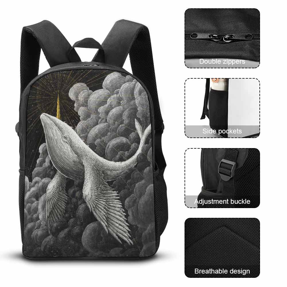 Black 17-inch Shoulder Backpack with whale design, made of 600D polyester, durable and wrinkle-resistant.