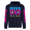 Navy blue cotton hoodie with FOREVER graphic, donut design, DAKUM sleeve prints, youth fashion style.