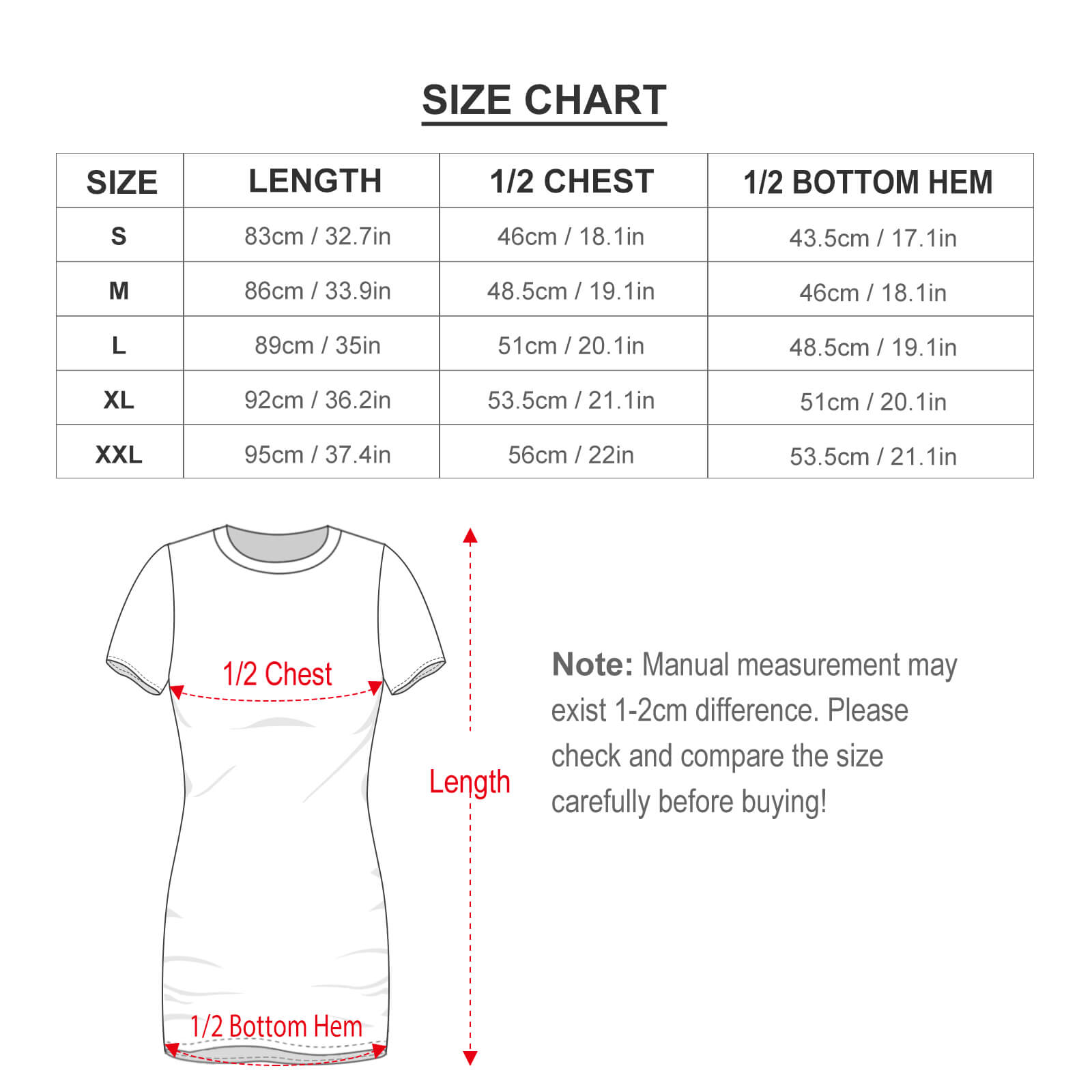 Size chart for white crew neck short sleeve dress, including length, bust, and bottom hem measurements.