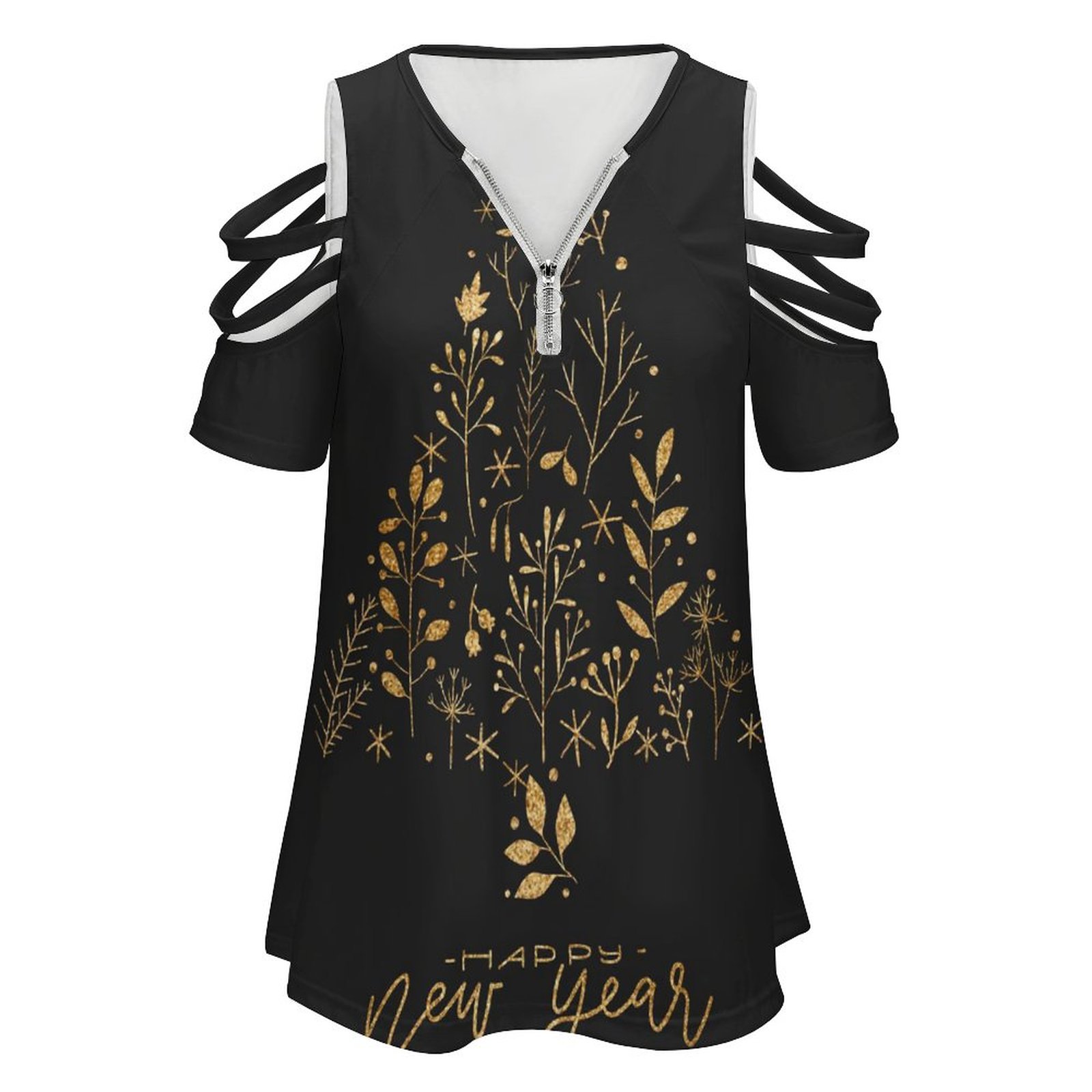 Black off-the-shoulder top with gold print, V-neck, zip front and shoulder cut-out.
