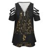 Black off-the-shoulder top with gold print, V-neck, zip front and shoulder cut-out.