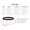 Men's underwear size chart, including waist and leg opening measurements.