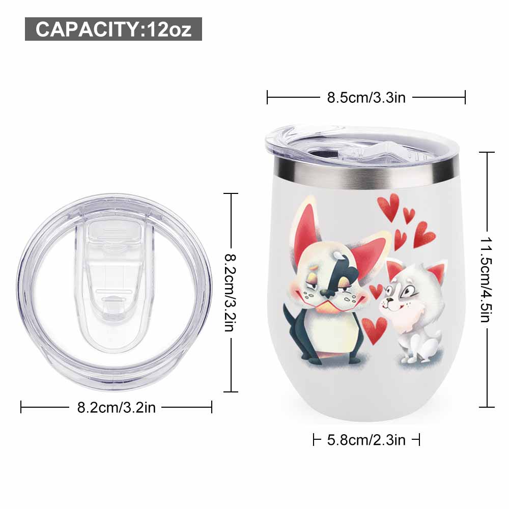 Stainless steel insulated cup with cartoon penguin design, featuring hearts, spill-proof lid, and dimensions.
