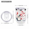 Stainless steel insulated cup with cartoon penguin design, featuring hearts, spill-proof lid, and dimensions.