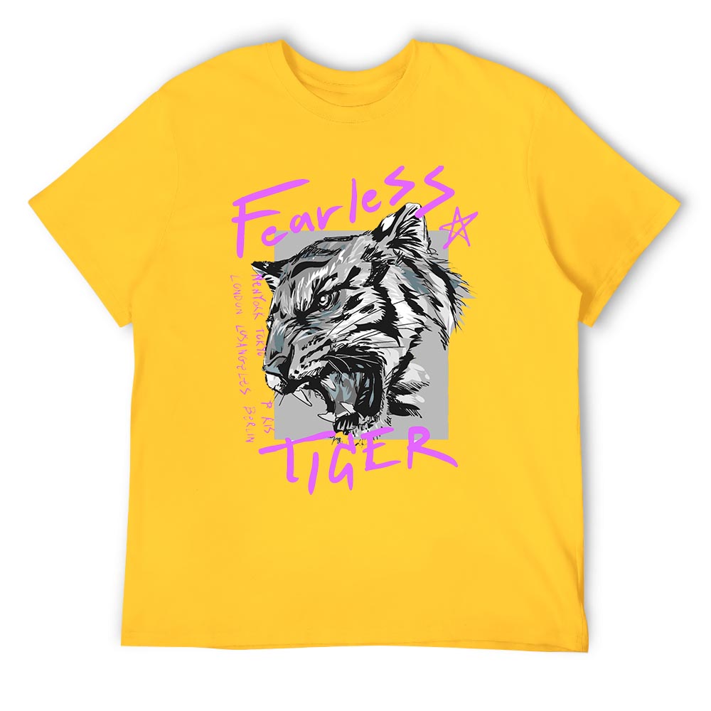 Yellow cotton men's Fearless Tiger graphic T-shirt, front and back print, collection