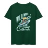 Green cotton T-shirt with 'Wild Wave California' surfing design, summer fashion.