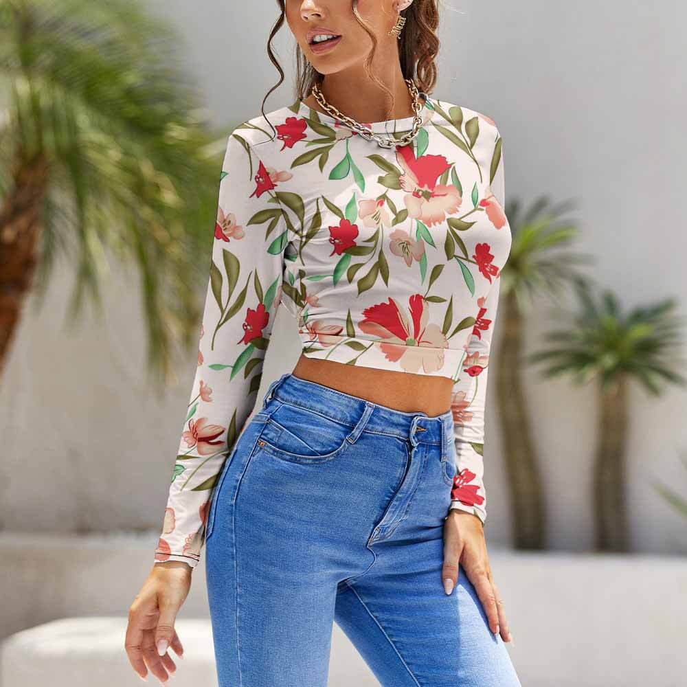 Floral print backless t-shirt, open back design, polyester blend, for casual wear