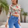 Floral print backless t-shirt, open back design, polyester blend, for casual wear