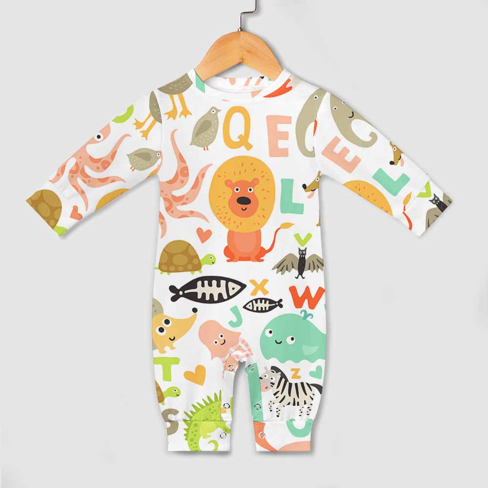 Baby romper with animal and alphabet print, imitation cotton, newborn and infant clothing.