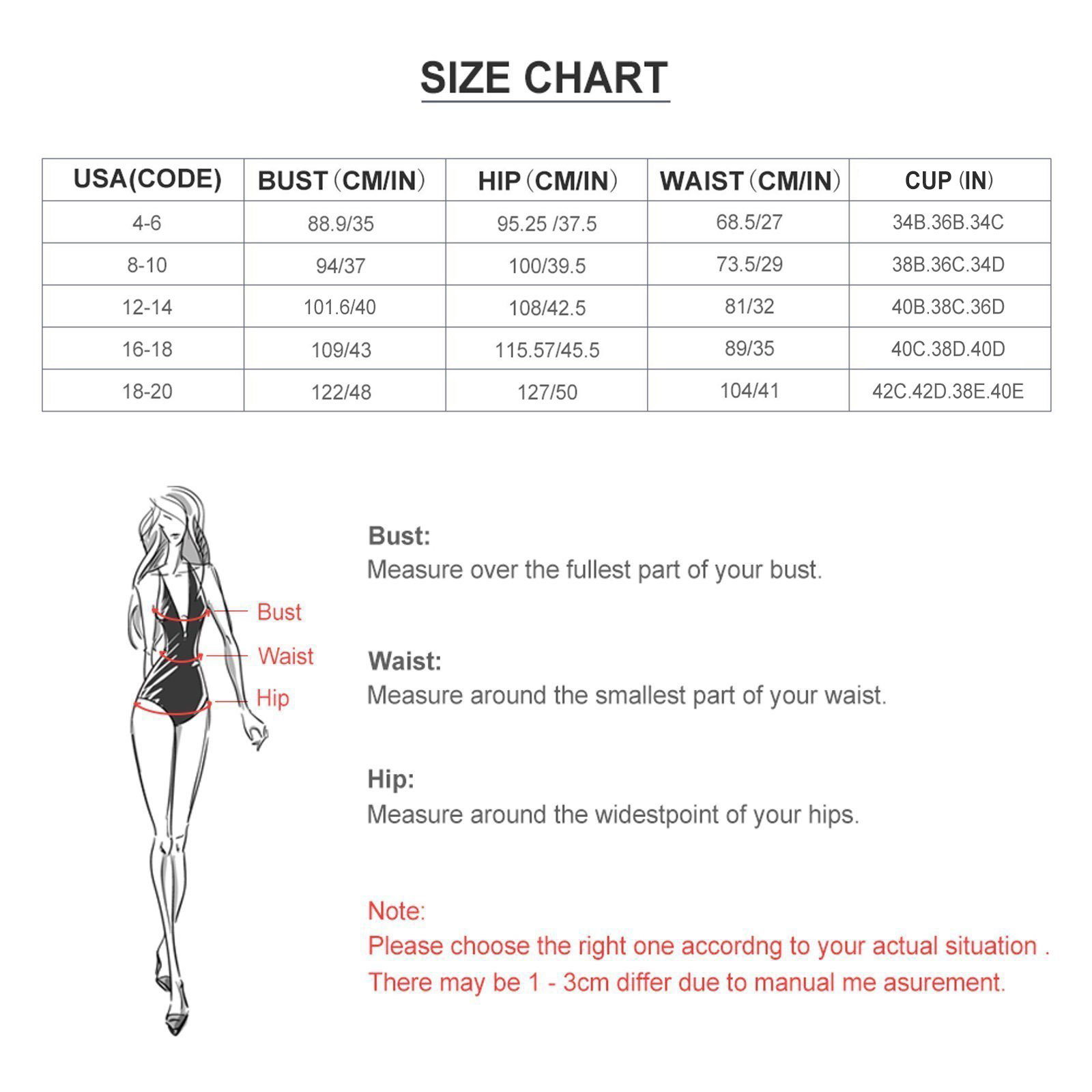 Size Chart for Freely Adjustable Length Unwired Cup Bikini Swimsuit, featuring bust, waist, hip, and cup measurements.