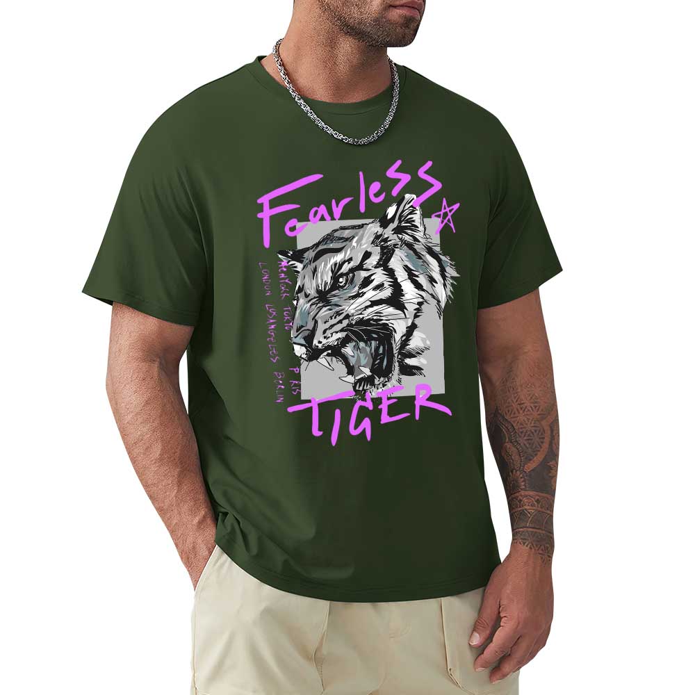 Dark green 100% cotton men's Fearless Tiger graphic tee, vintage style.