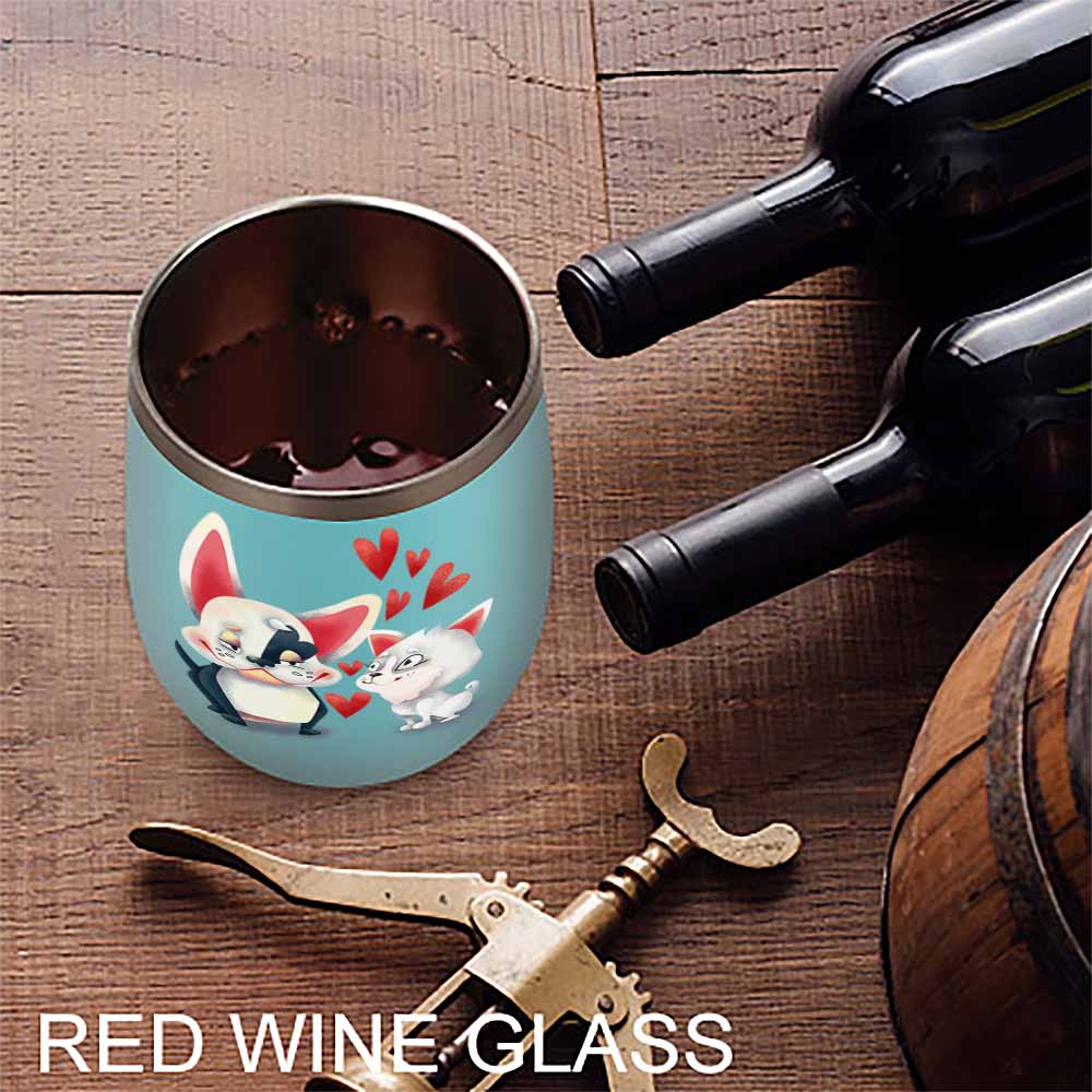 Teal stainless steel insulated cup with cat and penguin design, filled with red wine, Inkedjoy